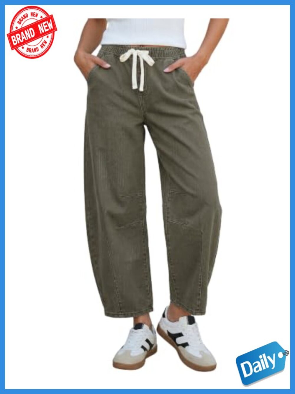 High Rise Barrel Jeans for Women, Pull On Elastic Waist, Cropped Denim
